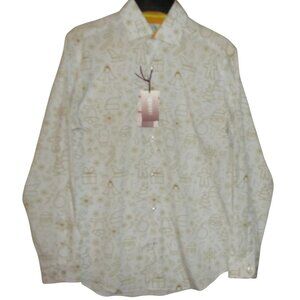 Tom Baine Shirt Mens Medium (15-15-1/2) Slim Fit Christmas Holiday white gold